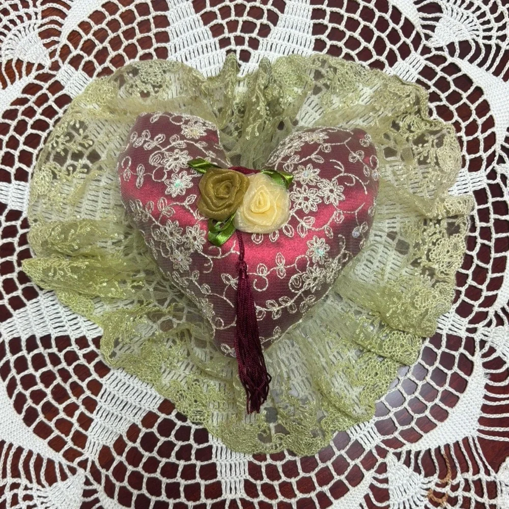Victorian “French Lovers” Handmade Lace Heart Pillow Vintage Cottage Core Décor